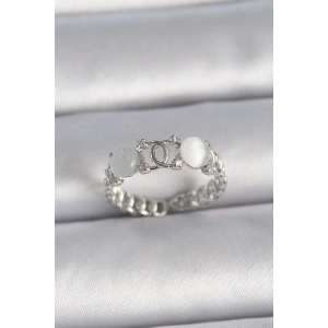 Pirinç Gümüş Renk Ayarlanabilir Zirkon Taşlı Beyaz Mineli Birleşik Halka Model Kadın Yüzük