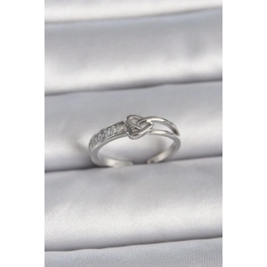 Pirinç Gümüş Renk Ayarlanabilir Zirkon Taşlı Düğüm Kalp Model Kadın Yüzük