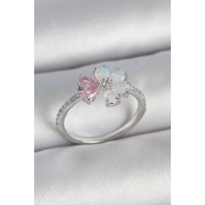Pirinç Gümüş Renk Beyaz Mineli Pembe Zirkon Taşlı Çiçek Model Kadın Yüzük