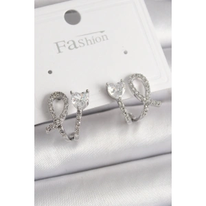 Pirinç Gümüş Renk Düğüm Model Zirkon Taşlı Kalp Detay Kadın Küpe