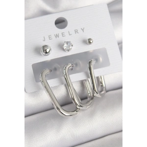 Pirinç Gümüş Renk Halka Model Zirkon Taşlı Topçuk Detay Kadın Küpe Seti