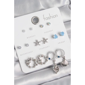 Pirinç Gümüş Renk İncli Zirkon Taşlı Halka Figür Yıldız Detay 7 Çift Kadın Küpe Seti