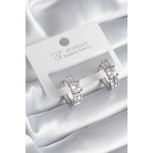 Pirinç Gümüş Renk Kare Zirkon Taşlı Kadın Küpe