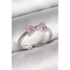 Pirinç Gümüş Renk Pembe Zirkon Taşlı Kalp Fiyonk Model Kadın Yüzük