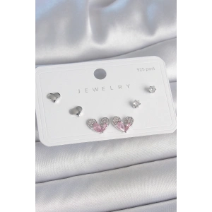 Pirinç Gümüş Renk Pembe Zirkon Taşlı Kalp Model 925 Ayar Gümüş Çivi Kadın Küpe Seti