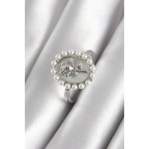 Pirinç Gümüş Renk Portre Gül Model İnci Detay Kadın Yüzük