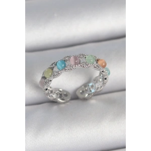 Pirinç Gümüş Renk Renkli Mineli Ayarlanabilir Kadın Yüzük