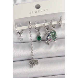 Pirinç Gümüş Renk Sallantı Zirkon Taşlı Ağaç Figür Çoklu Kadın Küpe Seti