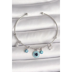 Pirinç Gümüş Renk Sallantı Zirkon Taşlı Nazar Boncuk Figür Charm Kadın Bileklik