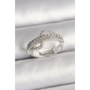 Pirinç Gümüş Renk Su Yolu Zirkon Taşlı Ayarlanabilir Model Kadın Yüzük