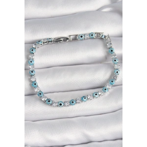 Pirinç Gümüş Renk Su Yolu Zirkon Taşlı Nazar Boncuklu Kadın Bileklik