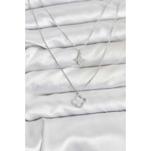 Pirinç Gümüş Renk Yonca Model 2li Kadın Kolye