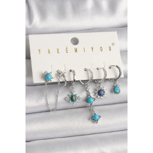 Pirinç Gümüş Renk Zirkon Taş Detaylı Mavi Boncuklu Çiçek Model VIP Seri Kadın Küpe Kombini