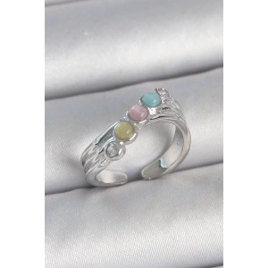 Pirinç Gümüş Renk Zirkon Taş Detaylı Renkli Mineli Ayarlanabilir Kadın Yüzük