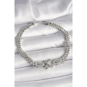 Pirinç Gümüş Renk Zirkon Taşlı Çiçek Figür Arpa Zincir Model Kadın Bileklik