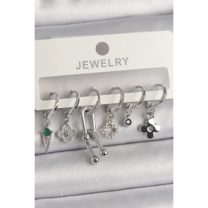 Pirinç Gümüş Renk Zirkon Taşlı Çoklu Figür Kadın Küpe Seti