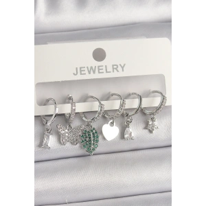 Pirinç Gümüş Renk Zirkon Taşlı Çoklu Figür Kadın Küpe Seti