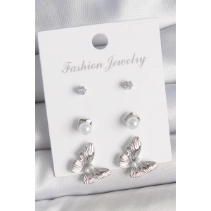 Pirinç Gümüş Renk Zirkon Taşlı İnci Detaylı Kelebek Model 3 Çift Kadın Küpe Seti