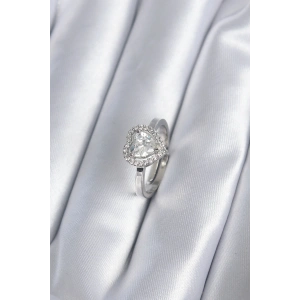 Pirinç Gümüş Renk Zirkon Taşlı Kalp Charm Model Kadın Yüzük