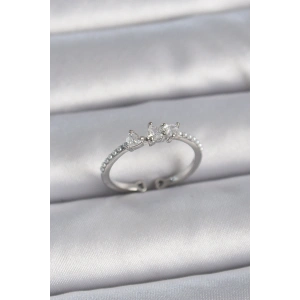 Pirinç Gümüş Renk Zirkon Taşlı Kalp İnci Detay Ayarlanabilir Model Kadın Yüzük