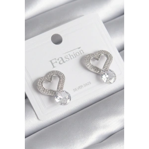 Pirinç Gümüş Renk Zirkon Taşlı Kalp Model Damla Zirkon Taş Detay Kadın Küpe