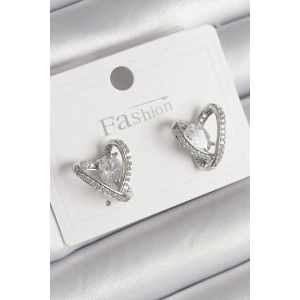 Pirinç Gümüş Renk Zirkon Taşlı Kalp Model Kadın Küpe
