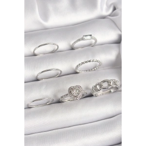 Pirinç Gümüş Renk Zirkon Taşlı Kalp Model Kadın Yüzük Kombini