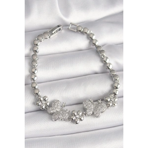 Pirinç Gümüş Renk Zirkon Taşlı Kelebek Figür Çiçek Zincir Model Kadın Bileklik