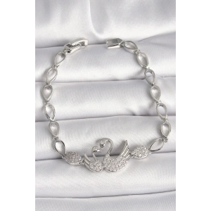Pirinç Gümüş Renk Zirkon Taşlı Kuğu Figür Damla Zincir Model Kadın Bileklik
