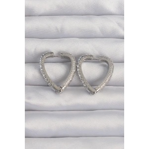 Pirinç Gümüş Renk Zirkon Taşlı Motifli Kalp Küpe