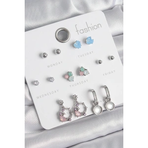 Pirinç Gümüş Renk Zirkon Taşlı Sallantı Halka Model Çiçek Detay 7 Çift Kadın Küpe Seti