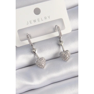 Pirinç Gümüş Renk Zirkon Taşlı Sallantı Kalp Model Kadın Küpe