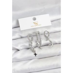 Pirinç Gümüş Renk Zirkon Taşlı Uzay Model YSX Trio Küpe Seti