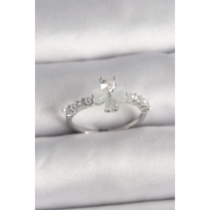 Pirinç Gümüş Renk Zirkon Taşlı Yonca Model İnci Detay Ayarlanabilir Yüzük