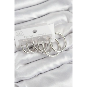 Pirinç Halka Model Gümüş Renk Kadın Set Küpe