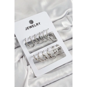 Pirinç Karışık Halka Model Gümüş Renk 6 Çift Kadın Küpe Set