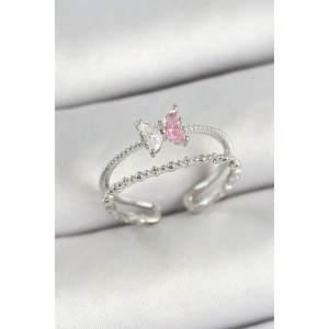 Pirinç Kelebek Figürlü Zirkon Taşlı Gümüş Renk Ayarlanabilir Kadın Yüzük