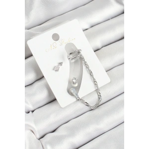 Pirinç Ok Figürlü Zirkon Taşlı Gümüş Renk 3lü Kıkırdak Kadın Küpe Set