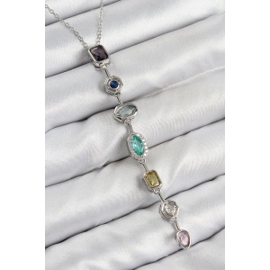 Pirinç Renkli Zirkon Taşlı Model Gümüş Renk 7 Element Kadın Y Kolye