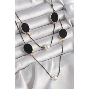 Pirinç Siyah Renk Zincir İnci Detaylı Çoklu Kadın Kolye