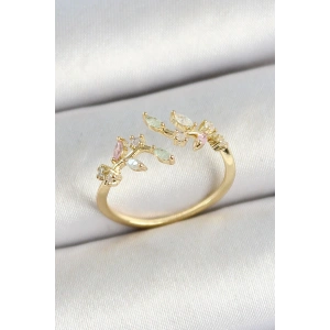 Pirinç Yaprak Figürlü Zirkon Taşlı Gold Renk Ayarlanabilir Kadın Yüzük