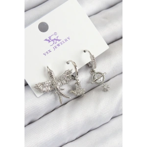 Pirinç Zirkon Taşlı 3lü Kuş Model Gümüş Renk Kadın Küpe