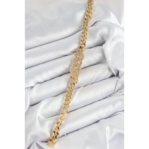 Pirinç Zirkon Taşlı Ezme Küba Zincir Model Gold Renk Kadın Bileklik