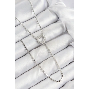 Pirinç Zirkon Taşlı Ezme Zincirli Kalp Model Gümüş Renk Y Kolye