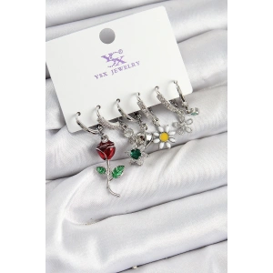 Pirinç Zİrkon Taşlı Gül Ve Papatya Model Gümüş Renk 3lü Çift Kadın Küpe