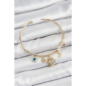 Pirinç Zirkon Taşlı Güneş Ay Nazar Model Gold Renk Charm Bileklik