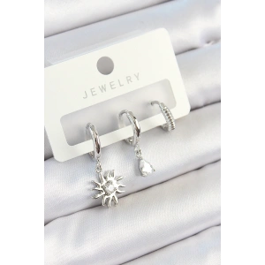 Pirinç Zirkon Taşlı Güneş Model Gümüş Renk 3lü Çift Kadın Küpe Set