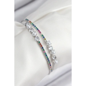 Pirinç Zirkon Taşlı İnci Model Gümüş Renk Kadın Bileklik