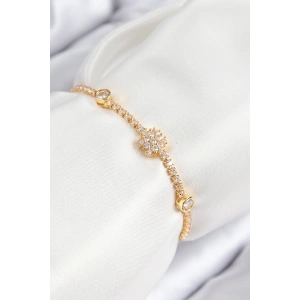 Pirinç Zirkon Taşlı Kar Tanesi Model Gold Renk Asansörlü Kadın Bileklik