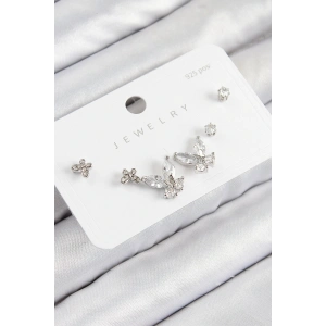 Pirinç Zirkon Taşlı Kelebek Model Gümüş Renk 925 Ayar Gümüş Çivi Kadın Küpe Set